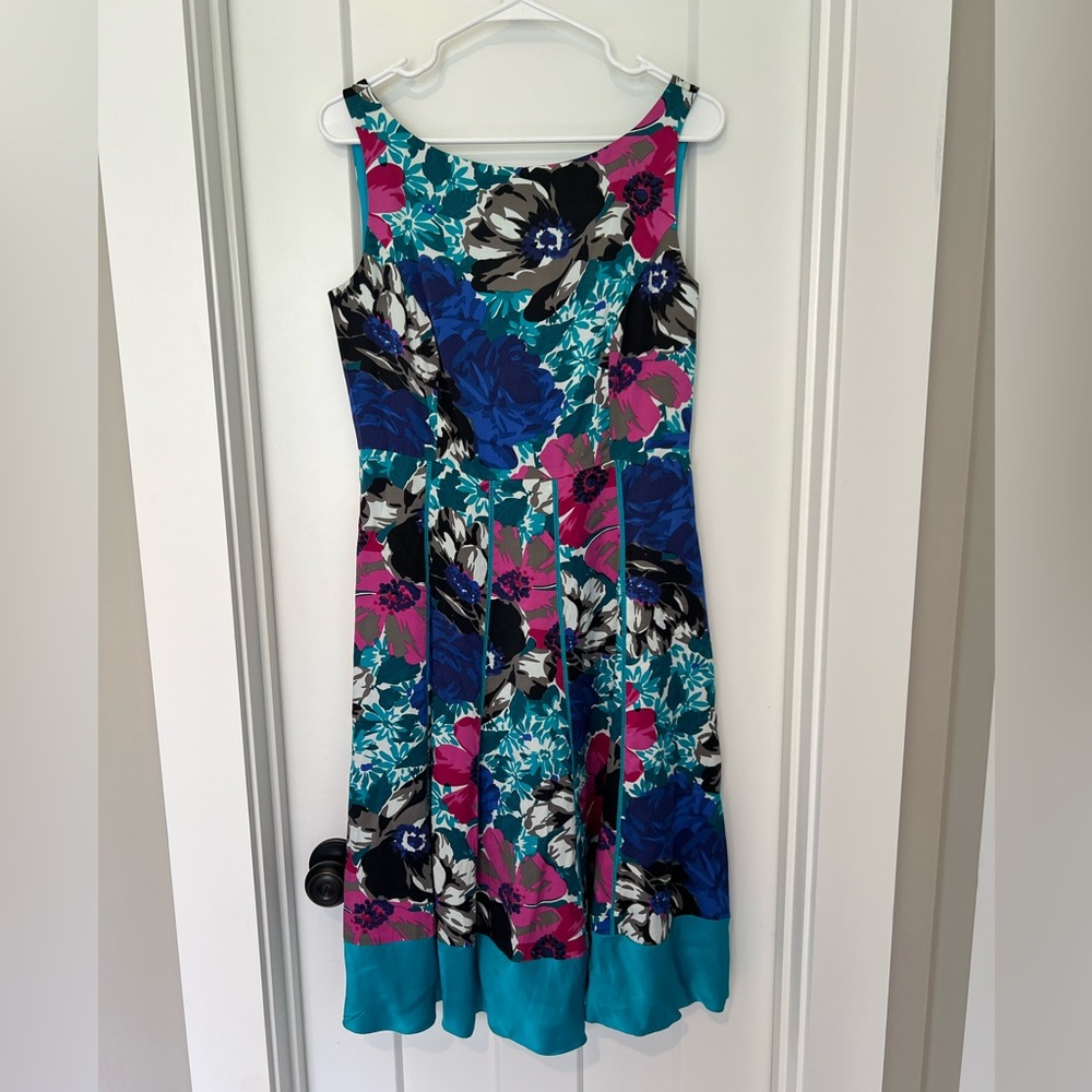 Monsoon: Floral Sleeveless Silk Mix Dress with Teal Accents: Size US 8